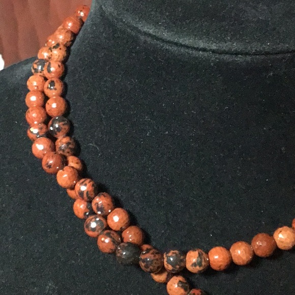 925 Hook Clasp, Chain Semiprecious Mahogany Obsidian Stone Necklace 17”L Faceted - Picture 9 of 10
